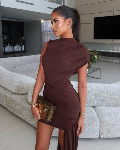 Irregular Draped Ruched Sexy Mini Dress For Women Elegant Turtleneck Sleeveless High Waist Pleated Club Party Dress