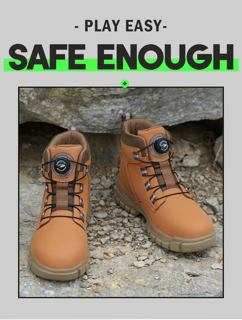 High Top Work Shoes Men Rotary Button Slip Resistant Safety Shoes Water Resistant Work Sneakers Anti-Puncture Anti-smash Shoes