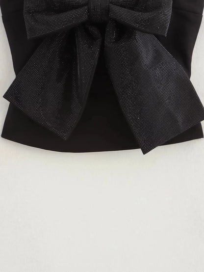 Sequined Bow Women Sling Top Sexy Backless Crop Top Pleated Zippers Female Tank Tops 2025 Spring Lady Streetwear Tops