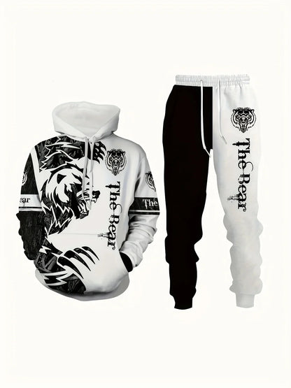 Vintage Men's Hooded Hoodies 3D Printed Battle Animal Pattern Sweatshirt Drawstring Sport Long Sleeve Tops Casual Men's Set