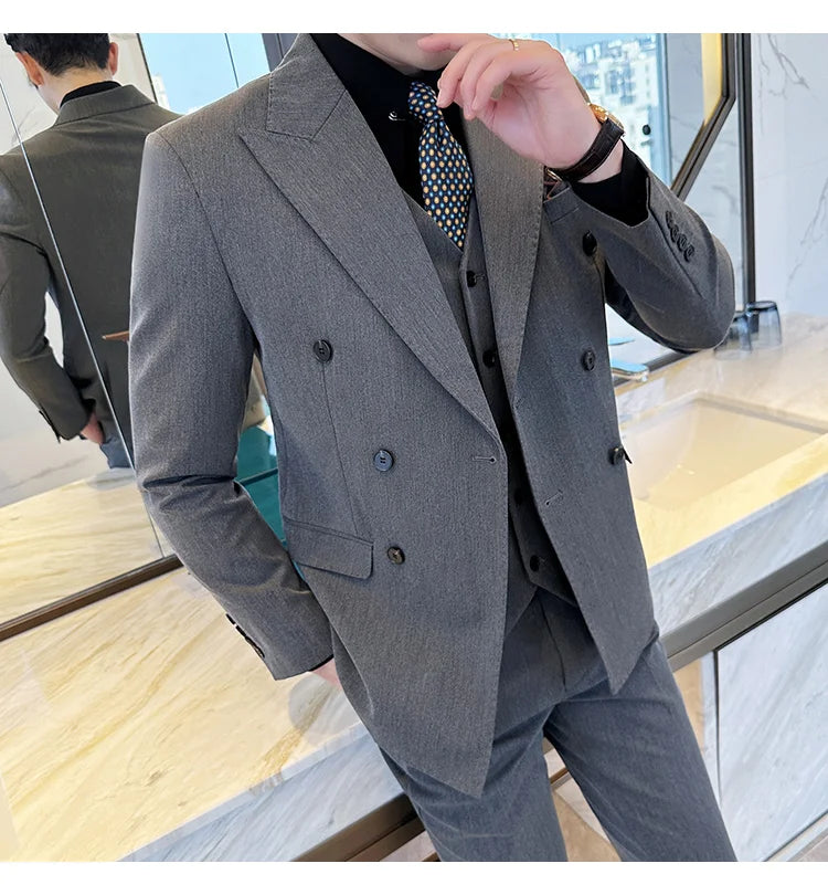 (Jackets+Pants) Luxury Double Breasted Design Slim Fit Suit High Quality Fashion Men's Wedding Social Suit Tuxedo 2 Piece Set