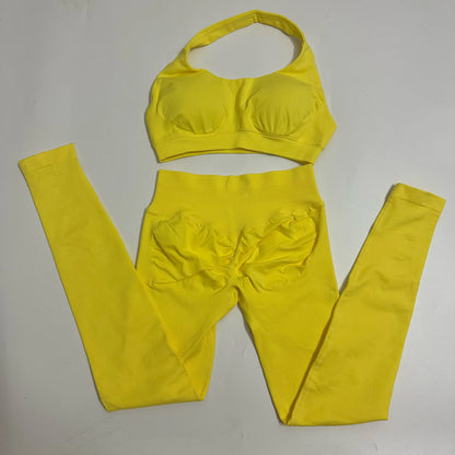 Yoga Legging Sets for Women Seamless Yoga Set Scrunch Butt Legging Set Workout Gym Suit with Halter Crop Top