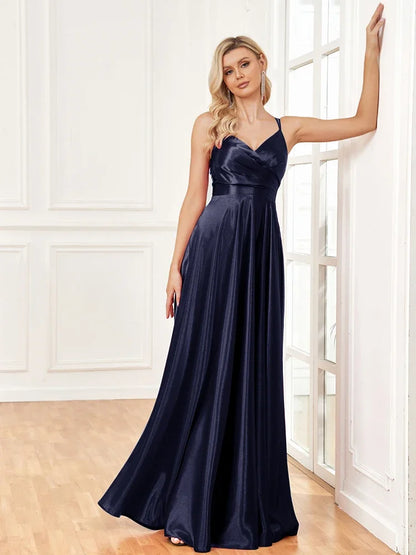 Luxury V-Neck Satin Sleeveless Blue Formal Evening Dress 2024 Women Elegant Sexy Slip Wedding Party Long Prom Dress