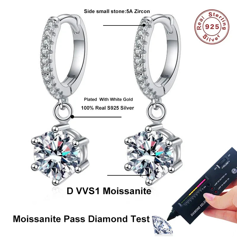 1ct Moissanite Drop Earring for Women Sparkling Diamond Earrings S925 Sterling Silver White Gold Plated Wedding Jewelry