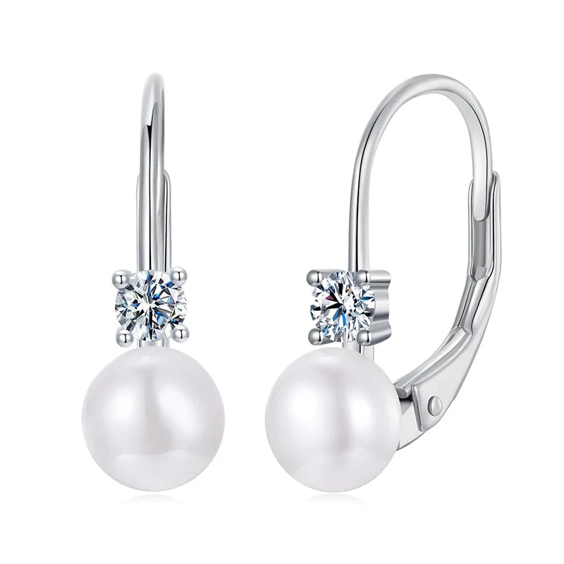 Freshwater Pearl Earrings for Women Wedding, Round Cut Lab Diamond 925 Sterling Silver Drop Dangle Ear Buckles