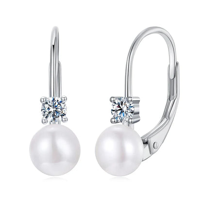 Freshwater Pearl Earrings for Women Wedding, Round Cut Lab Diamond 925 Sterling Silver Drop Dangle Ear Buckles