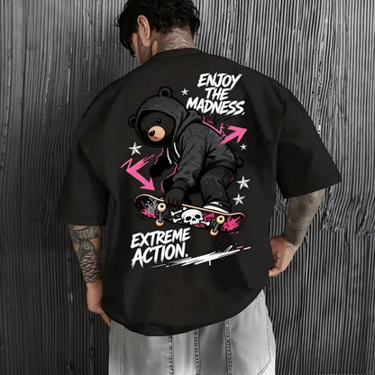American men's summer trend skateboard teddy bear letter print soft and breathable round neck T-shirt outdoor casual top