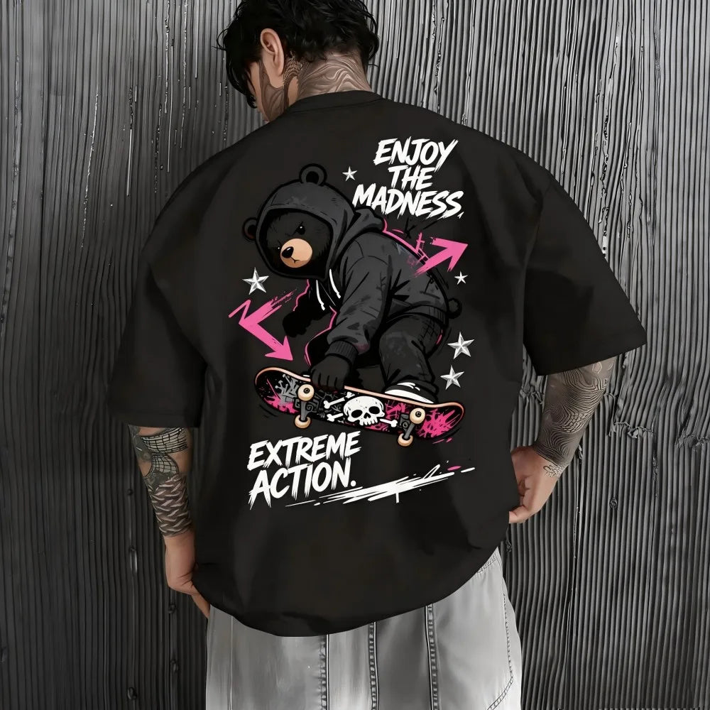 American men's summer trend skateboard teddy bear letter print soft and breathable round neck T-shirt outdoor casual top