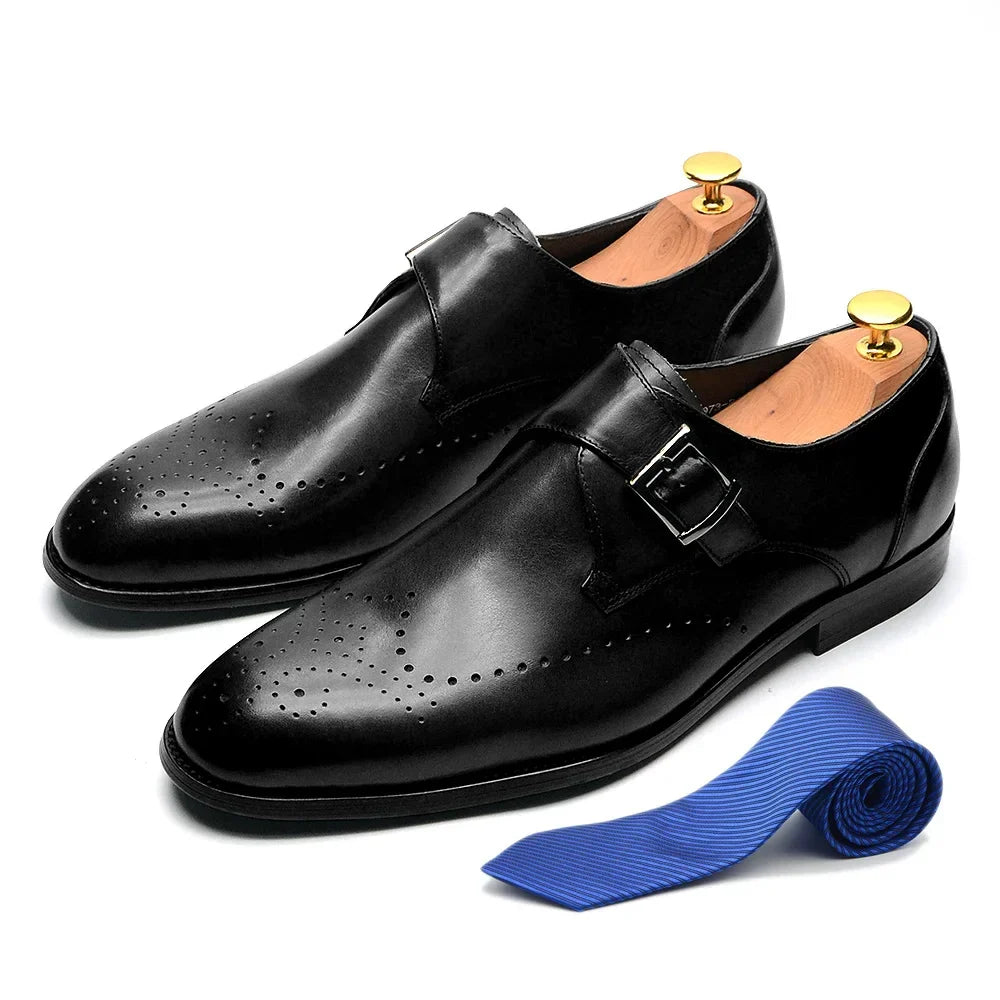 Elegant Men's Monk Strap Dress Shoes Genuine Leather Single Buckle Green Black Loafer Brogue for Party Wedding Formal Occasions