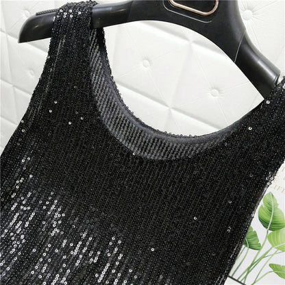 Sparkling Sequins Round Neck Vest Women's Outer Wear 2022 Summer New Bright Silk Fashion Glitter Bottoming Shirt Suspender Top