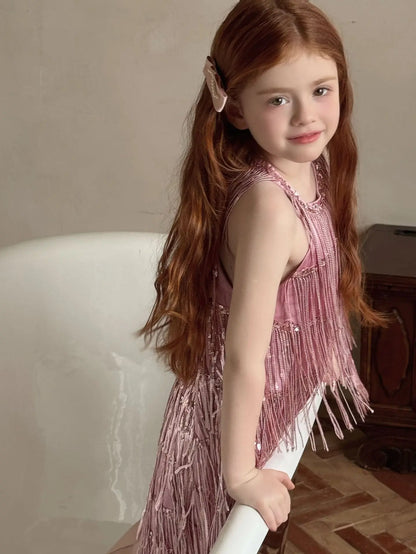 Vestido Infantil Meninas 2025 Verão Novo Moda Infantil Vestido de Borla Brilhante de Luxo Vestido de Aniversário para Meninas