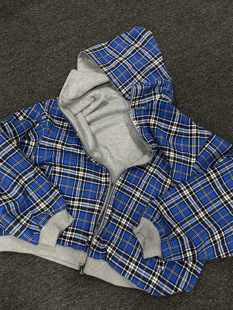 Winter Casual Plaid Print Hoodie Women's Warm Zip-Up Double-Sided Wear Sweatshirt Female Fashion Trendy Loose Hooded 2025 New
