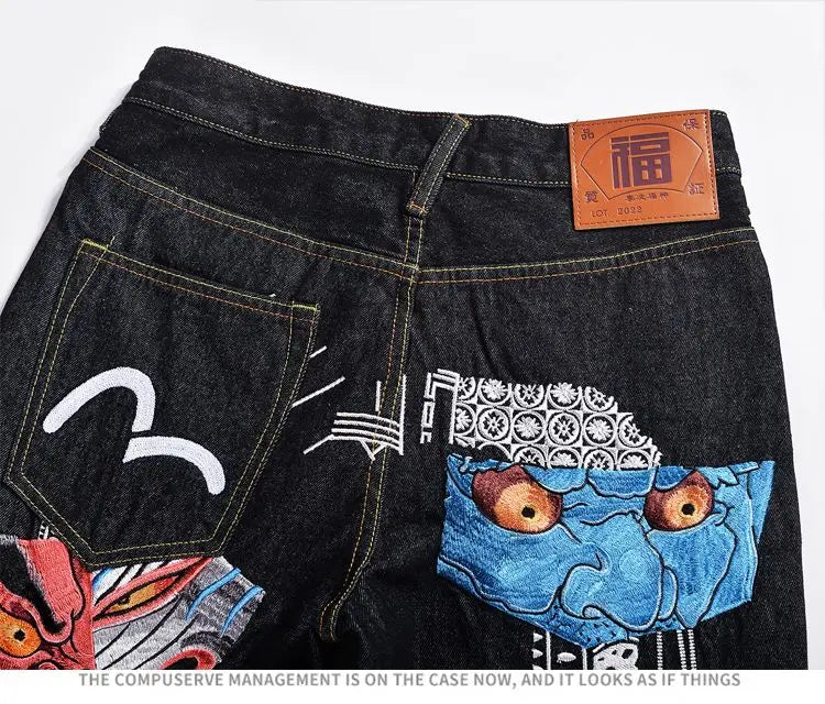 Men's Japanese Handmade Embroidered Cotton Jeans Straight Tube Slim Fit Hip-Hop Trousers Red Ear Detail Devil Big M Golden Text