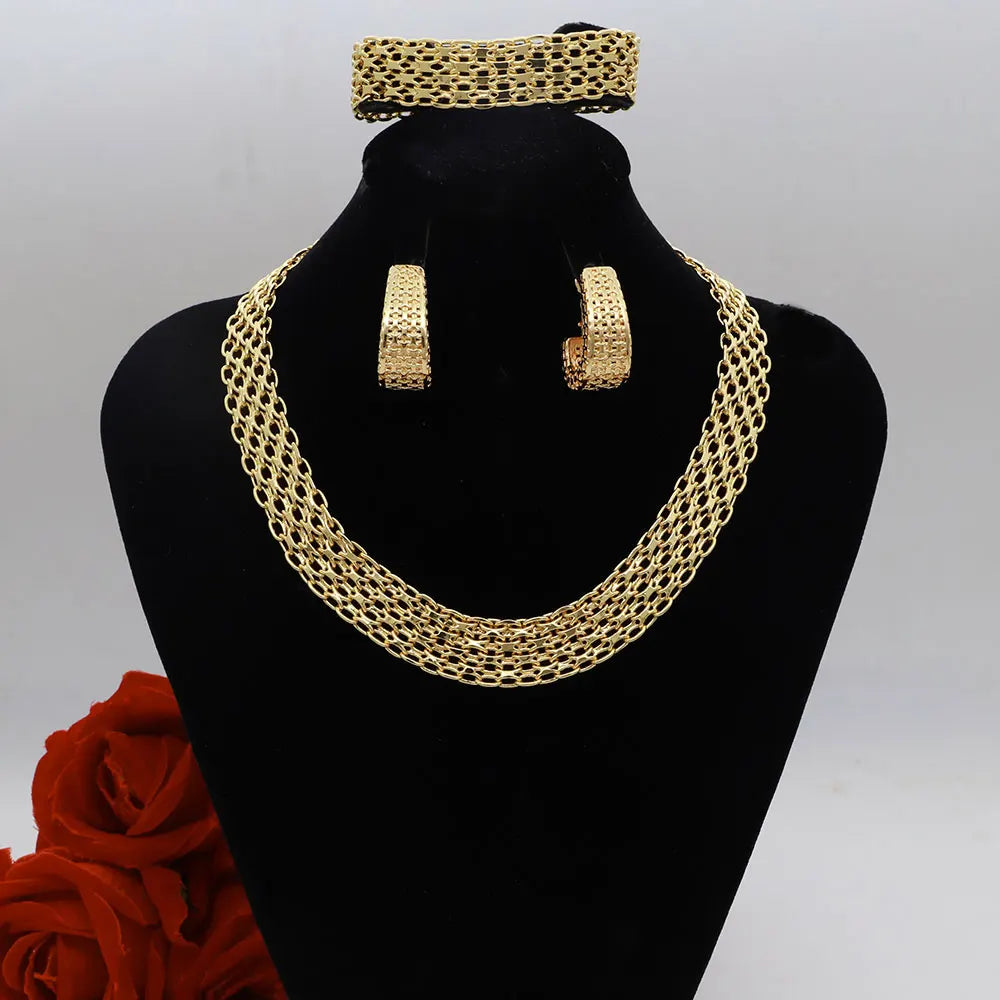High Grade African Jewelry Women Necklace Bracelet Moderate Size Copper Earring Neck Chain 45CM Hip Hop Wholesale Accessories