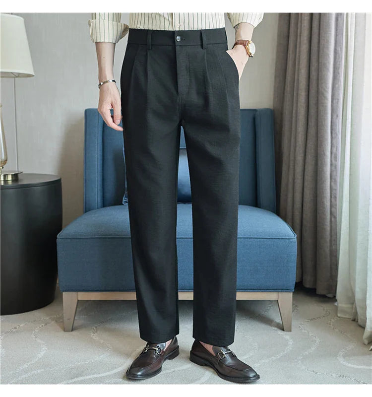 Men's Old Money Style Linen-Cotton Pleated Dress Pants – Lightweight, Semi-Elastic Waist & Wrinkle-Free for Summer