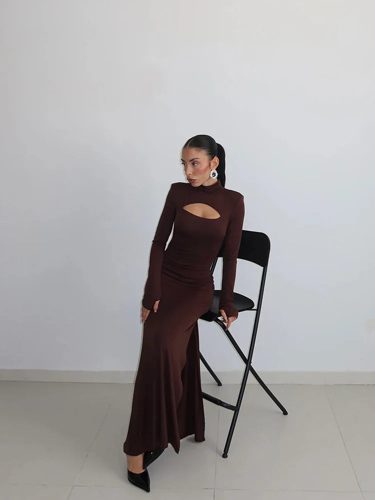 Sheath Women's Maxi Dresses Solid Turtleneck Regular Long Sleeves Hollow Out Slim Fit Bodycon Party Vestidos Robes