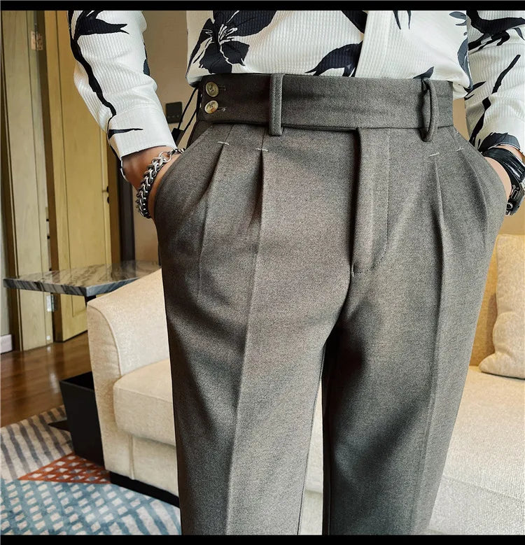 Men's Slim Fit Naples Business Casual Trousers Made of Autumn and Winter Wool, Thickened for Warmth, Classic Ankle-length Pants.