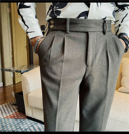 Men's Slim Fit Naples Business Casual Trousers Made of Autumn and Winter Wool, Thickened for Warmth, Classic Ankle-length Pants.