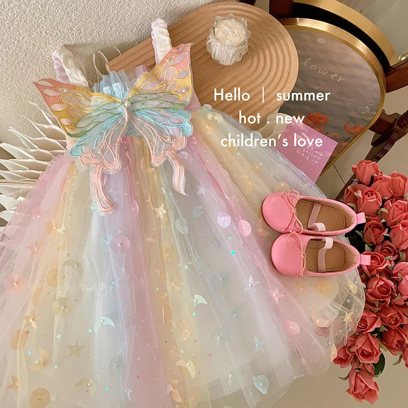 Korean Style New Summer Baby Girl Princess Dress Square Collar Mesh Sleeveless Dresses Children Clothing E23076