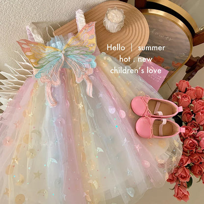 Korean Style New Summer Baby Girl Princess Dress Square Collar Mesh Sleeveless Dresses Children Clothing E23076