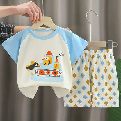 2Piece Summer Boys Clothing Korean Casual Cartoon Cute Print Short Sleeve Baby Tops+Shorts Kids Clothes Children's Sets B207