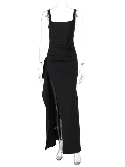 Women Elegant Solid Straps Slit Ruched Patchwork Sexy Bodycon Maxi Dress Summer Outfits Evening Party Birthday Festival
