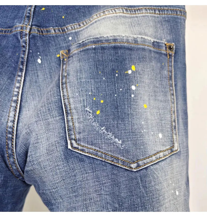 Street Fashion Men Jeans Retro Blue High Quality Elastic Skinny Fit Ripped Jeans Men Patched Designer Hip Hop Brand Pants Hombre