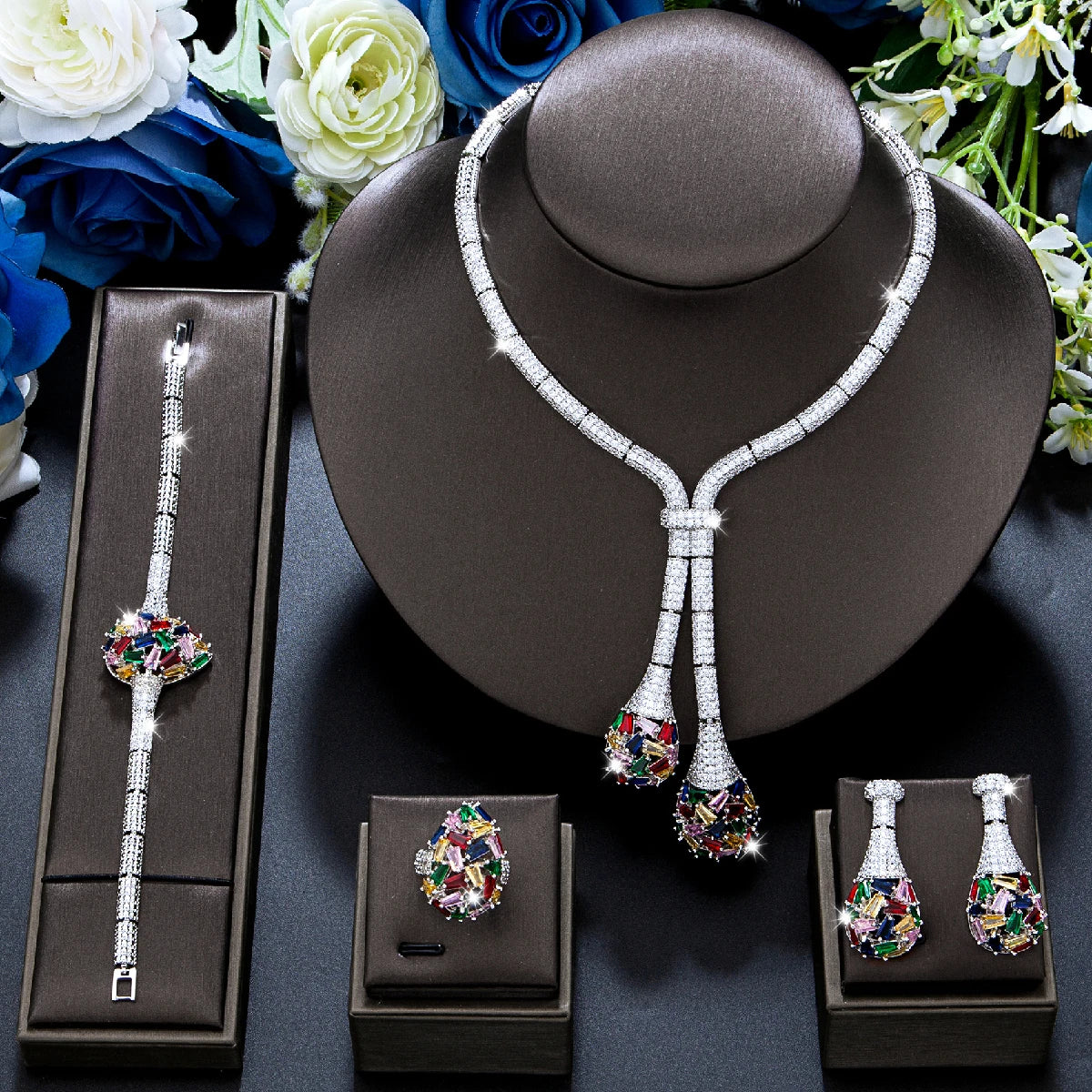 Luxury Bridal Jewelry Set Nigeria Design Cubic Zirconia Large Necklace Earrings Women's Wedding Accessory