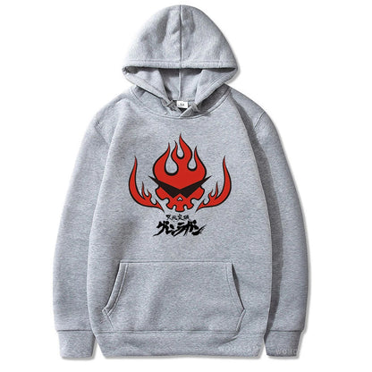 Anime Tengen Toppa Gurren Lagann Letter Hoodies Harajuku Flaming Skull Red Graphic Autumn Winter Warm Patchwork Sweatshirts