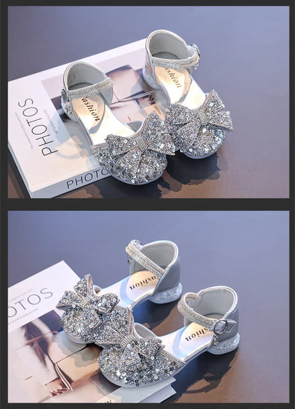 2025 Children's Crystal Princess Shoes bow Tie stylish summer new girls' head-wrapped sandals small high heels performance shoes
