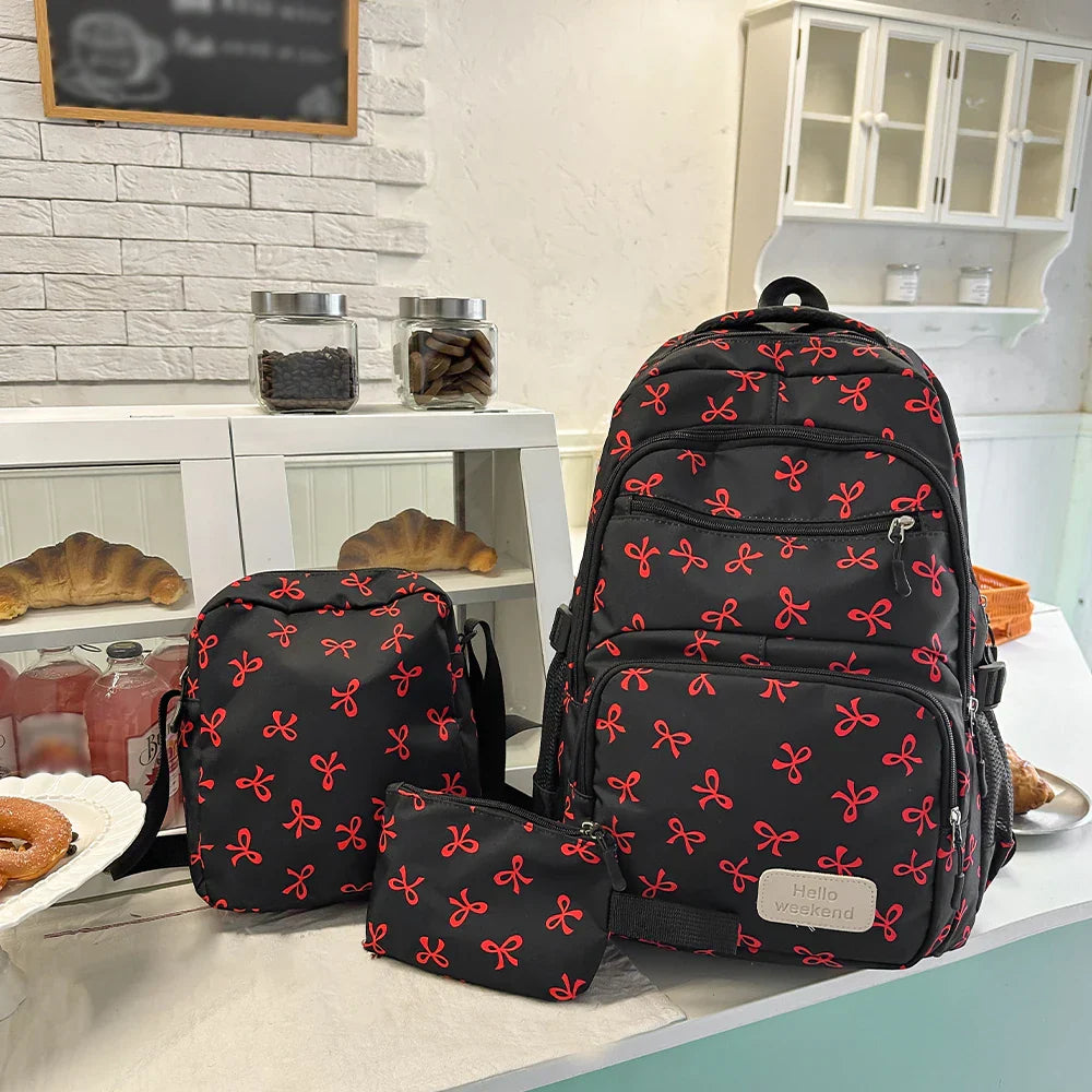 Korean Fashion Bow Print Women's Fashion Backpack Lightweight Simple Student Schoolbag Female Bag Set Three-Piece
