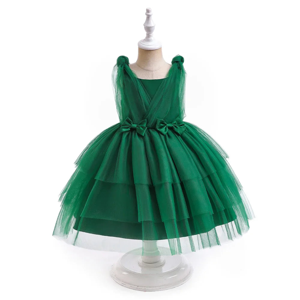 Summer Bow Bridemaid Party Girls Dresses Elegant Tulle Birthday Wedding Princess Dress for Girl New Years Prom Christmas Costume