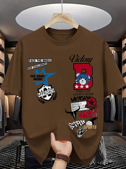 New Men's Summer Personalized Letter Graffiti Printed Comfortable and Breathable Round Neck T-shirt Outdoor Street Top