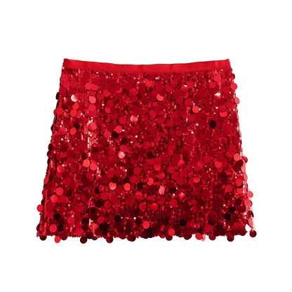 Women Spring Autumn Chic Mini Skirts Fashion With Sequined Solid Side Zipper Short Skirt Female Vintage High Waist Skirt