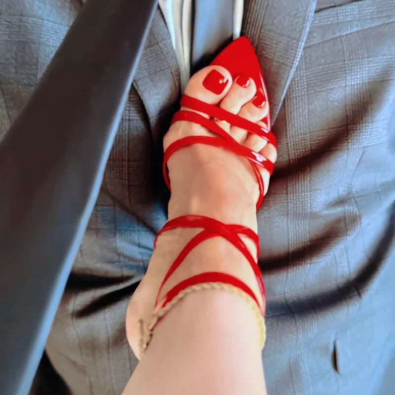 2025 New Summer Pointed Toe Cross Straight Strap Sandals with Thin Heels for Women, Red Bottom High Heels, Fashion Sandals