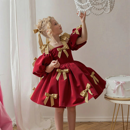 2-8Y Kids Girls Skirt Little Girls Puff-Sleeve Princess Dress Birthday Party Piano Host Performance Dress Belle Ball Gown