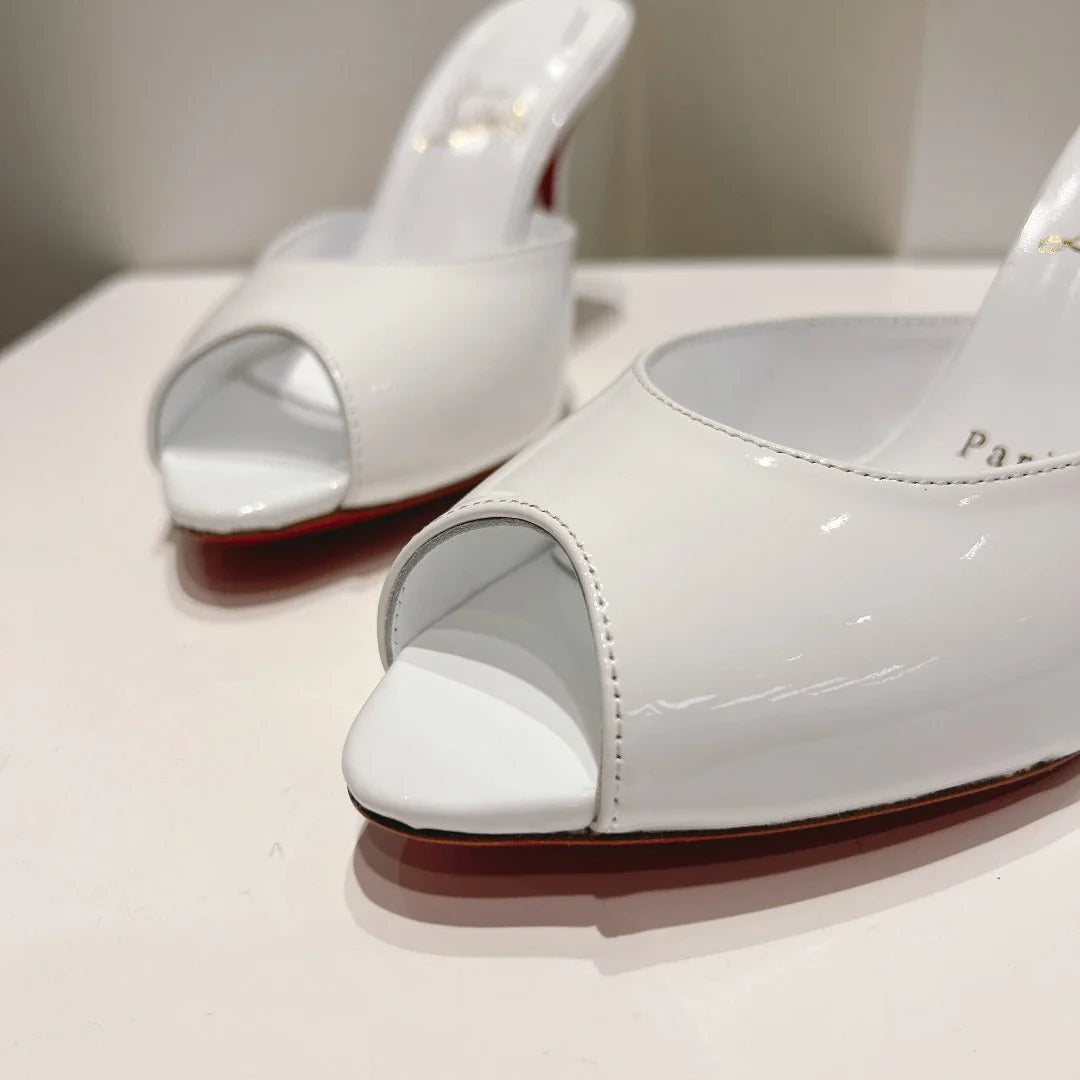 New patent leather nude high heels stiletto round head open-toed fish mouth shoes sexy outer slippers women's muller shoes
