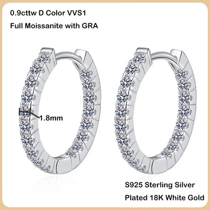 New In Real D Color 0.9cttw Full Moissanite Hoop Earrings For Women S925 Sterling Silver Diamond Small Ear Buckle Earring