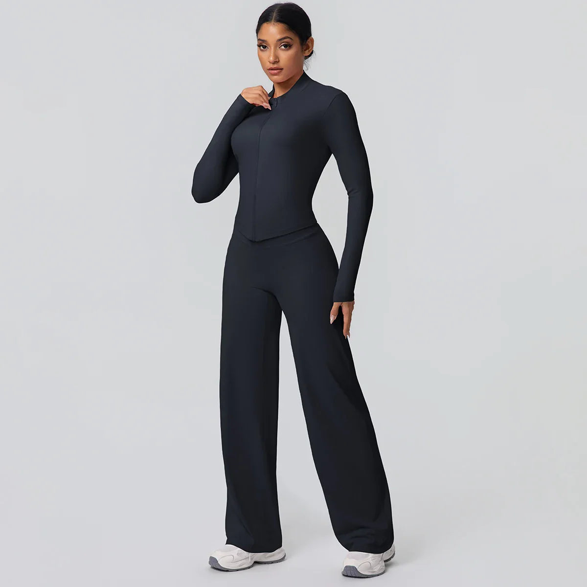 2pieces Quick Drying Sports Fitness Clothing Yoga Set Women Yoga Zipper Long Dleeves High Waisted Breathable Wide Leg Pants Set