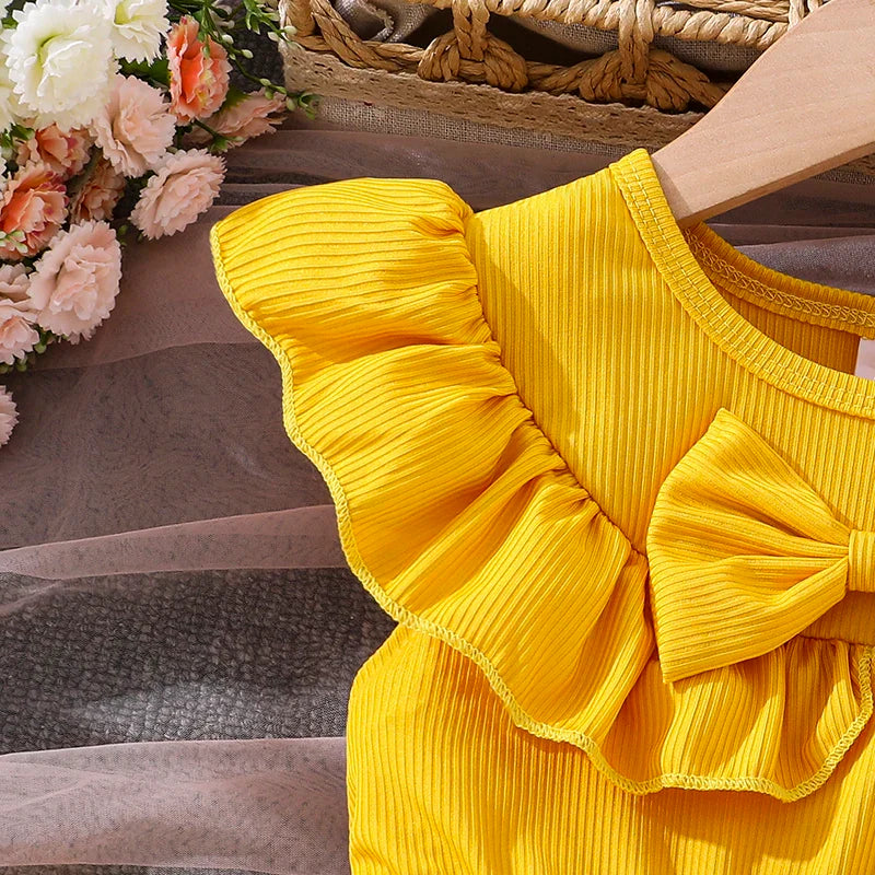 Girls 4-7 Yellow Summer Casual Dress, Front Ruffled Sleeve Design with Bow & Daisy Print Tulle Skirt, Daily Kids Outfit