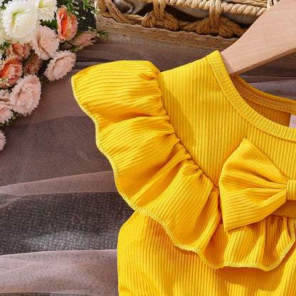 Girls 4-7 Yellow Summer Casual Dress, Front Ruffled Sleeve Design with Bow & Daisy Print Tulle Skirt, Daily Kids Outfit
