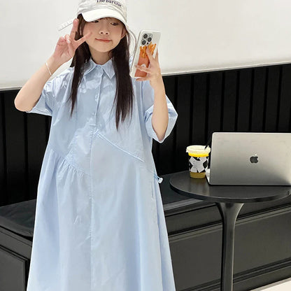 Girls' Dress Short Sleeve Fluffy High-End School Style Medium to Large Sizes Trendy Fashionable, Lightweight