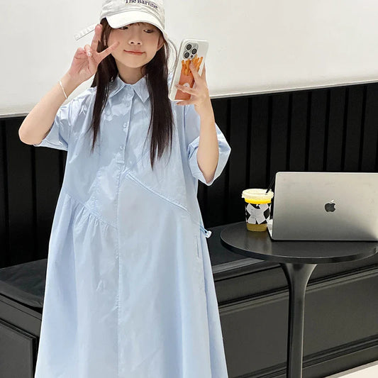 Girls' Dress Short Sleeve Fluffy High-End School Style Medium to Large Sizes Trendy Fashionable, Lightweight