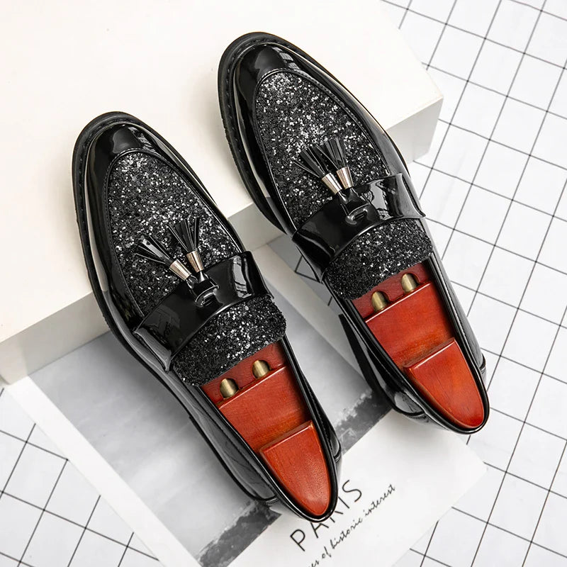 Men's Sequined Leather Dress Shoes – Shiny Formal Party Footwear, Black/Gold, EU 40–47
