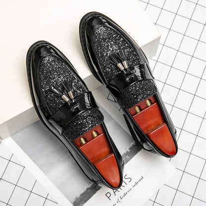 Men's Sequined Leather Dress Shoes – Shiny Formal Party Footwear, Black/Gold, EU 40–47