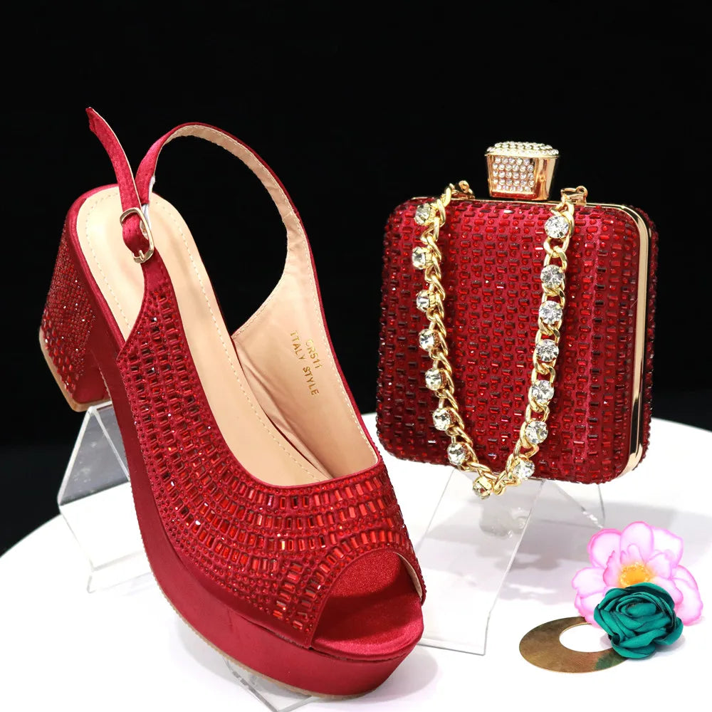 Wedding Shoes for Women Bride Platform Heels Italian Full Drill Design Elegant Shoes and Bags Matching Set