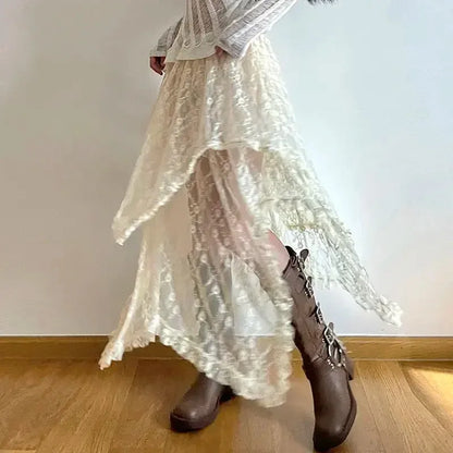 Lace Jacquard Transperant Skirt Women Summer New High Waist Sexy Casual Long Skirts Streetwear Fashion Black Maxi Skirt