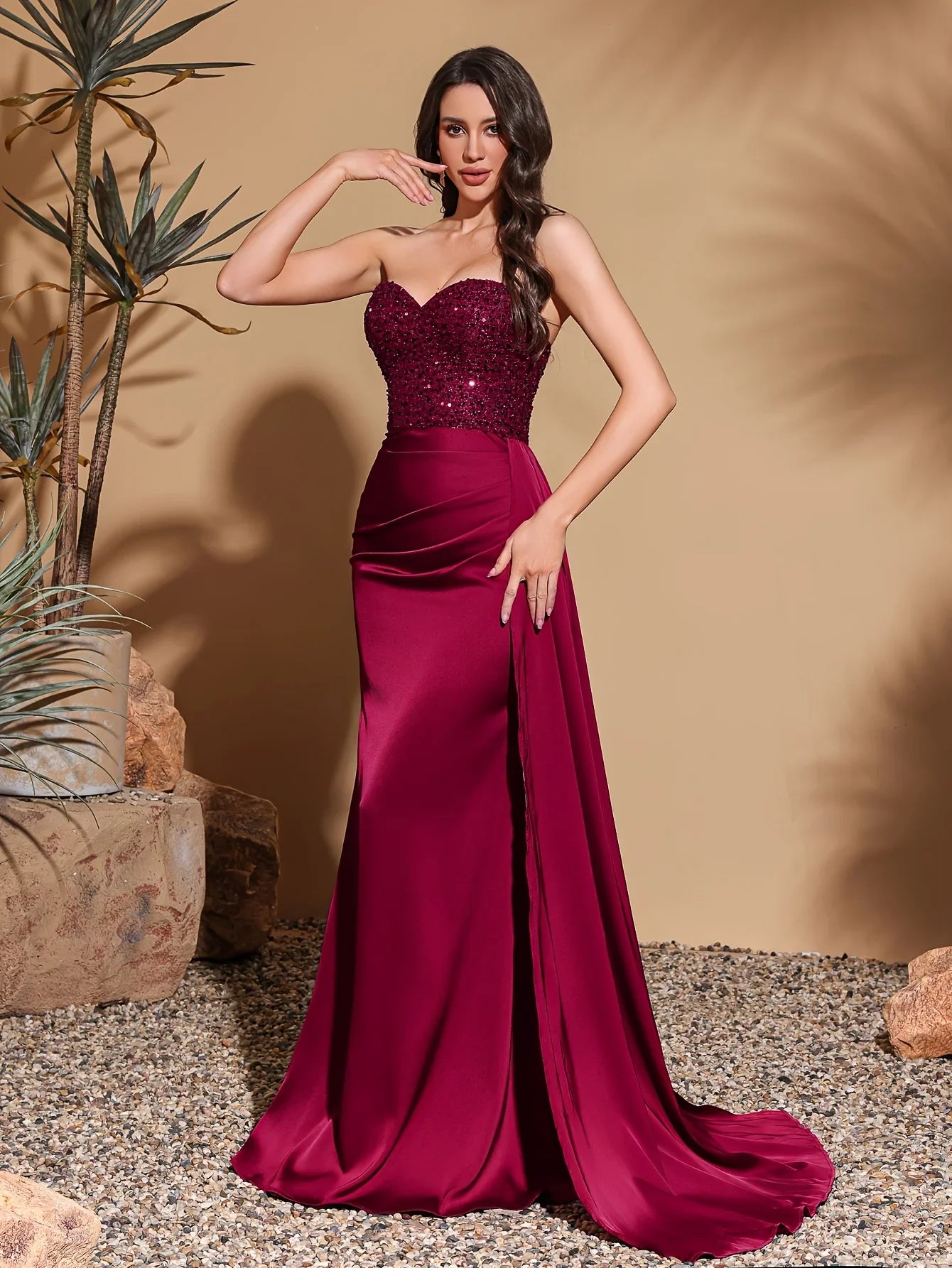 Satin waist pleated side flaps floor-length skirt, sequined spliced tube top dress