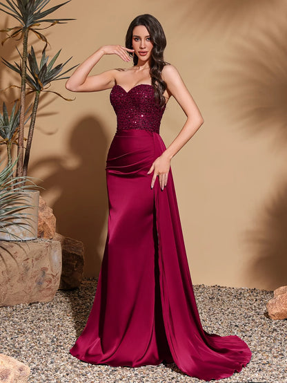 Satin waist pleated side flaps floor-length skirt, sequined spliced tube top dress