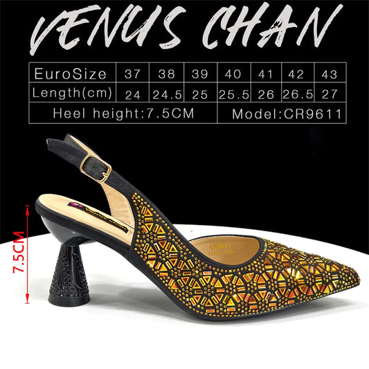 Elegant Black and Gold Pointed-Toe Italian Women's High-Heeled Shoe and Bag Set with Full Diamond Accents